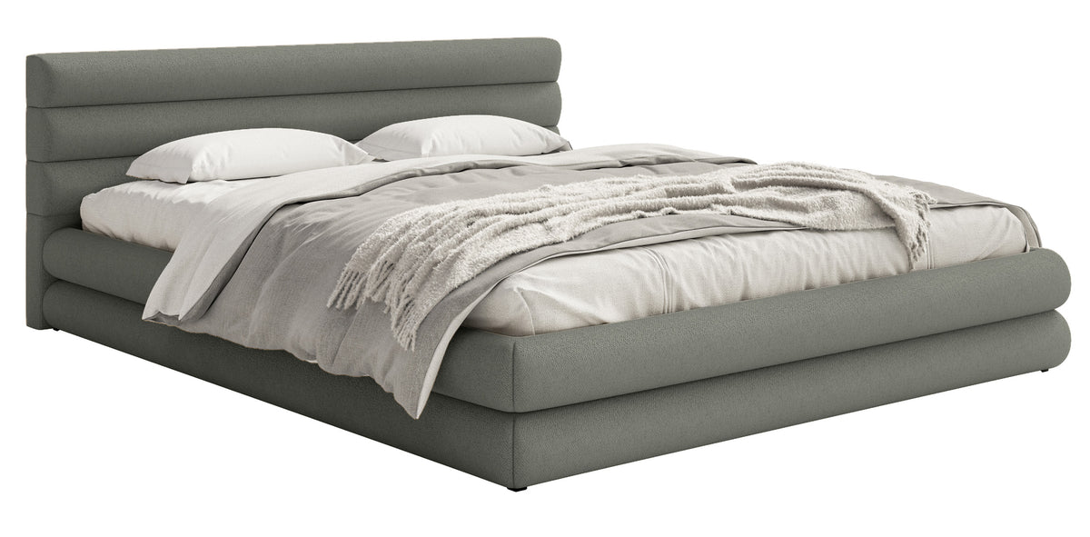 Lit tapissé 180x200 cm Alegre avec coffre de rangement pour la literie, tissu chenille gris, cadre métallique