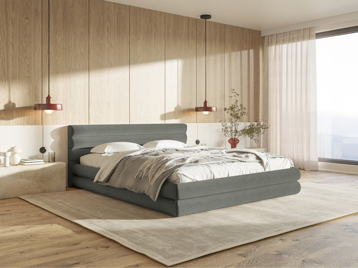 Lit tapissé 180x200 cm Alegre avec coffre de rangement pour la literie, tissu chenille gris, cadre métallique