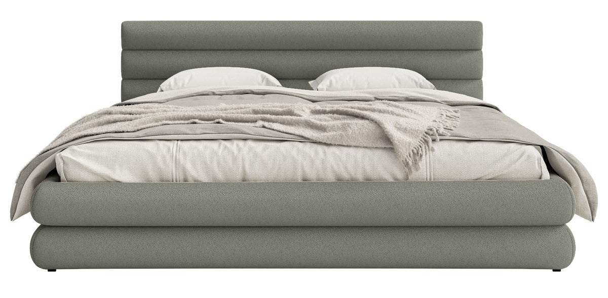 Lit tapissé 180x200 cm Alegre avec coffre de rangement pour la literie, tissu chenille gris, cadre métallique