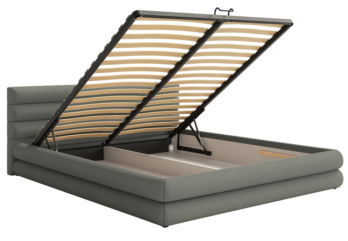 Lit tapissé 180x200 cm Alegre avec coffre de rangement pour la literie, tissu chenille gris, cadre métallique