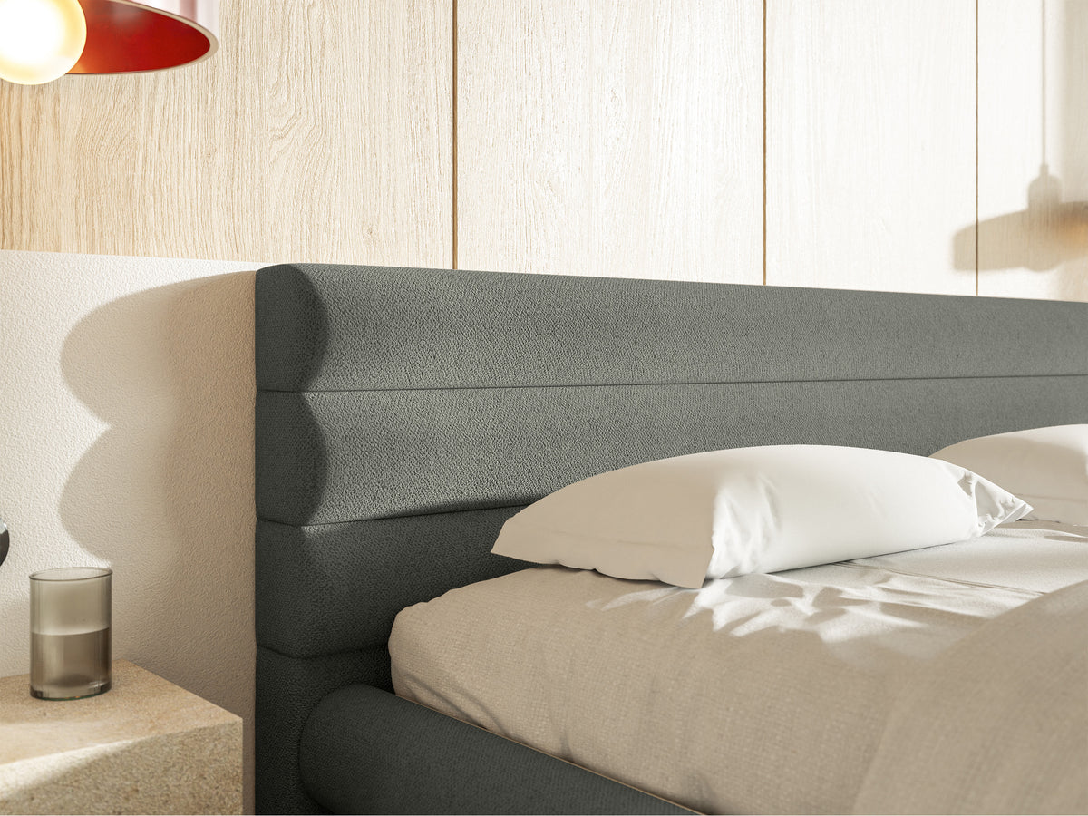 Lit tapissé 180x200 cm Alegre avec coffre de rangement pour la literie, tissu chenille gris, cadre métallique
