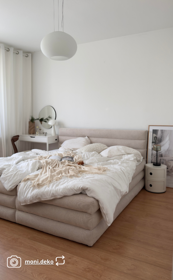 Lit continental 160x200 cm Alegre avec topper et deux coffres, tissu chenille hydrofuge beige clair