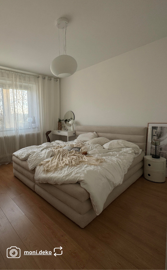 Lit continental 160x200 cm Alegre avec topper et deux coffres, tissu chenille hydrofuge beige clair