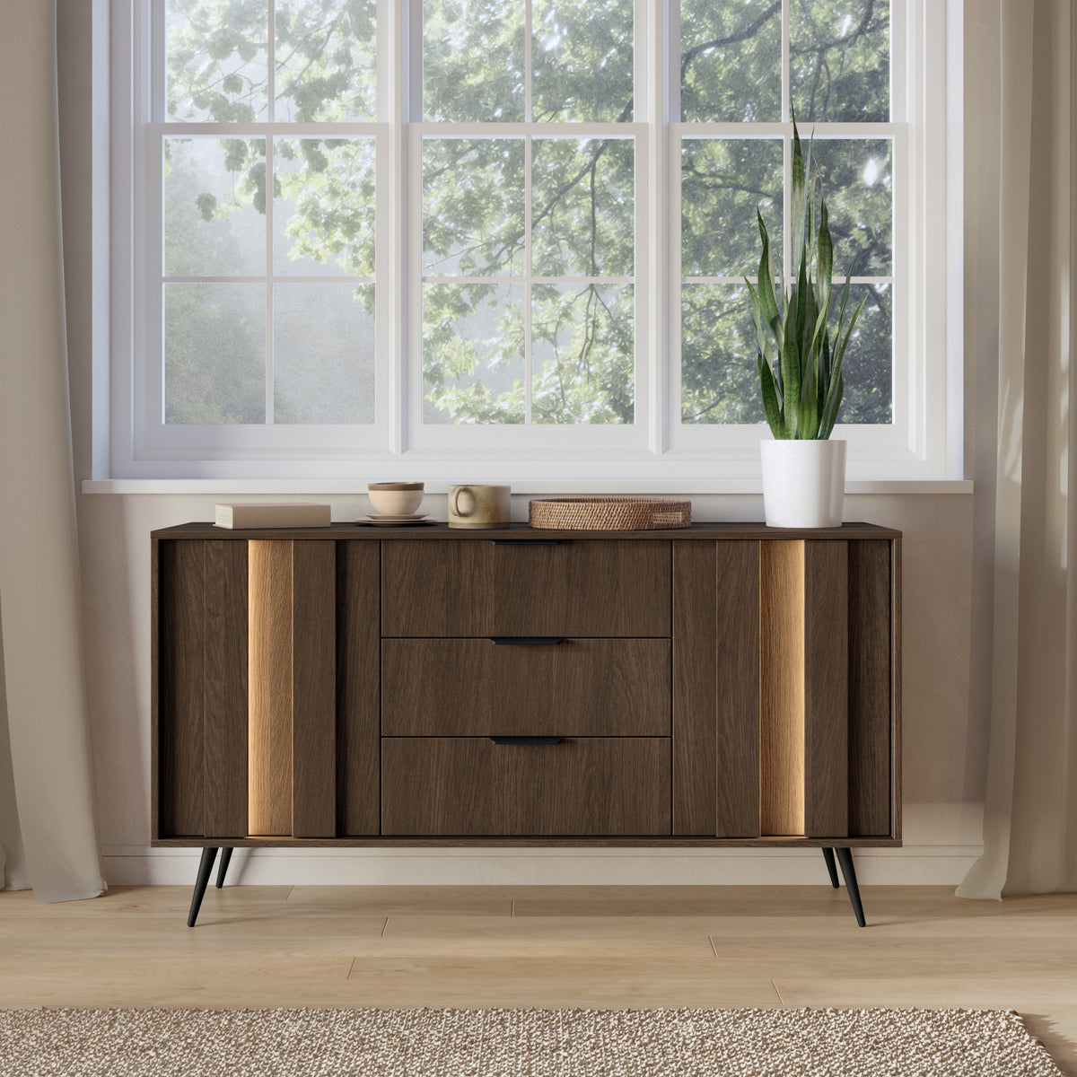 Commode 2 portes Amaro avec 3 tiroirs et éclairage LED, 154 cm, chêne Dunin