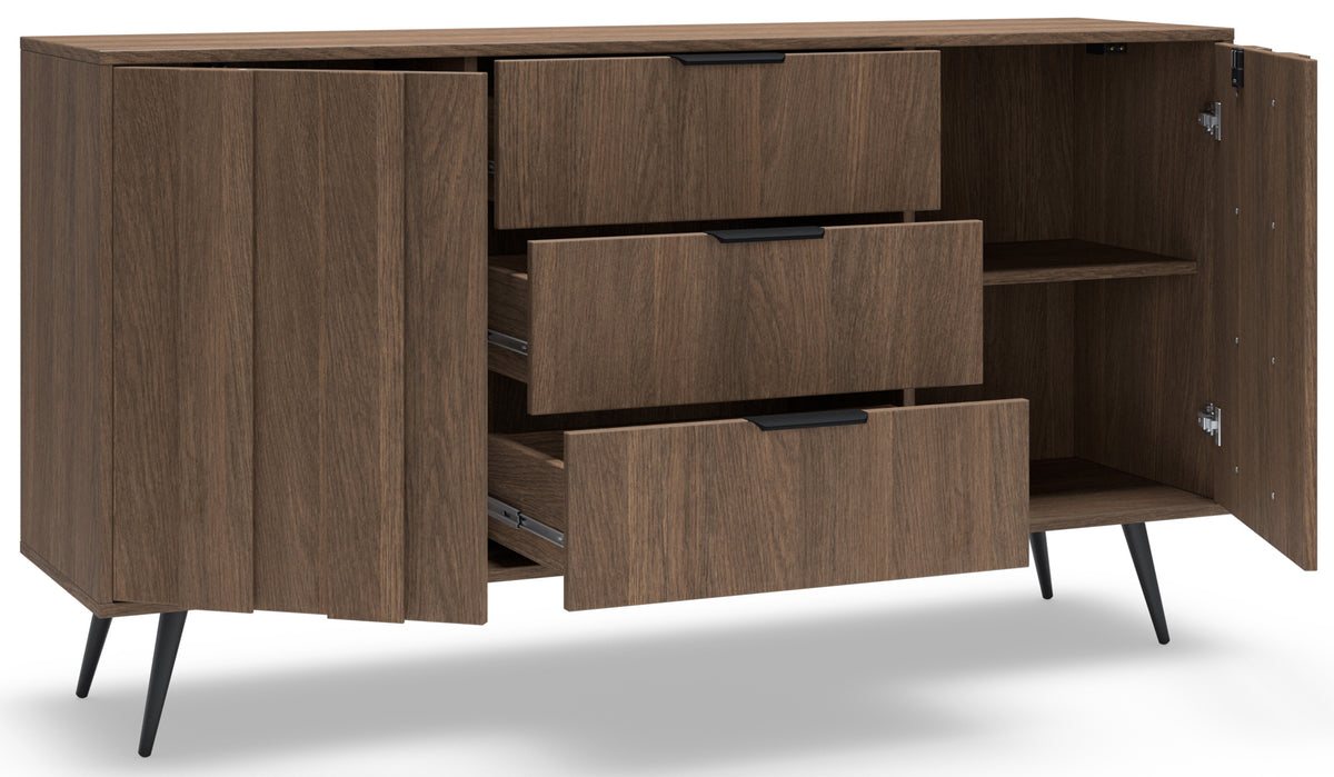 Commode 2 portes Amaro avec 3 tiroirs et éclairage LED, 154 cm, chêne Dunin