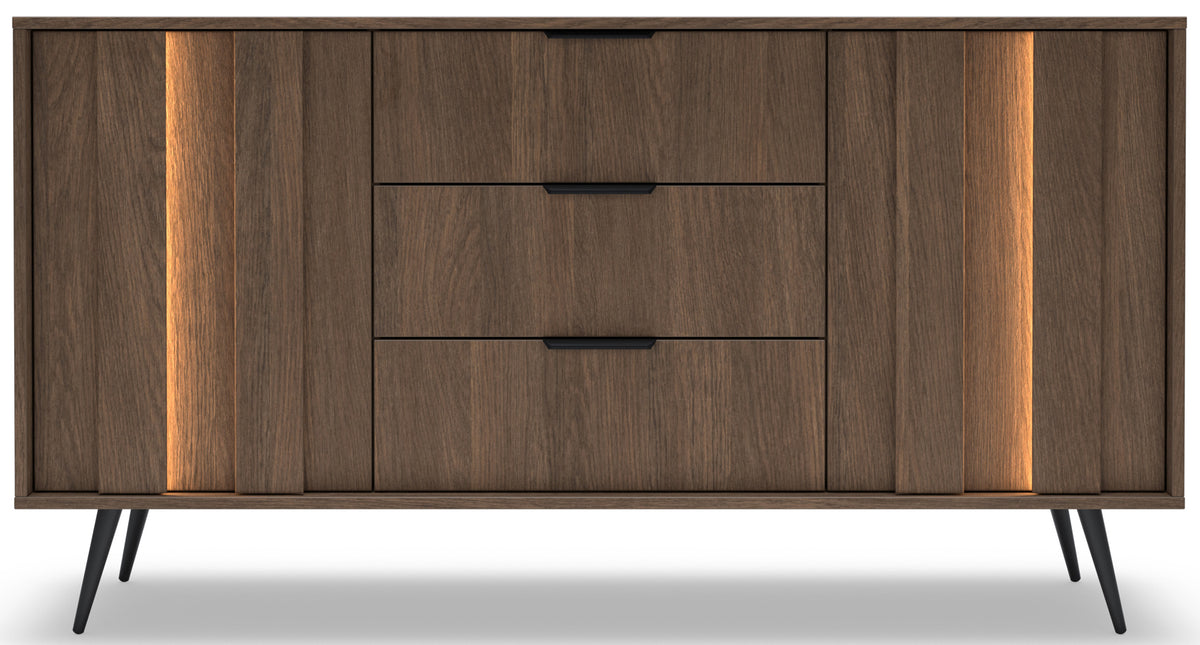 Commode 2 portes Amaro avec 3 tiroirs et éclairage LED, 154 cm, chêne Dunin