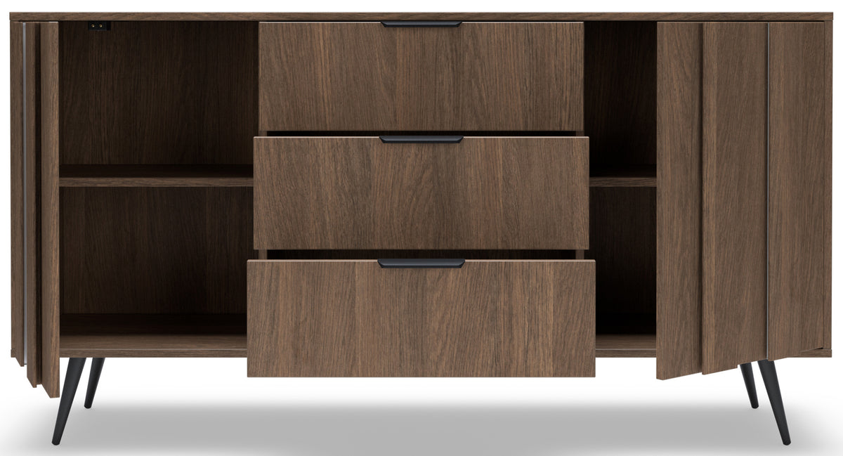 Commode 2 portes Amaro avec 3 tiroirs et éclairage LED, 154 cm, chêne Dunin