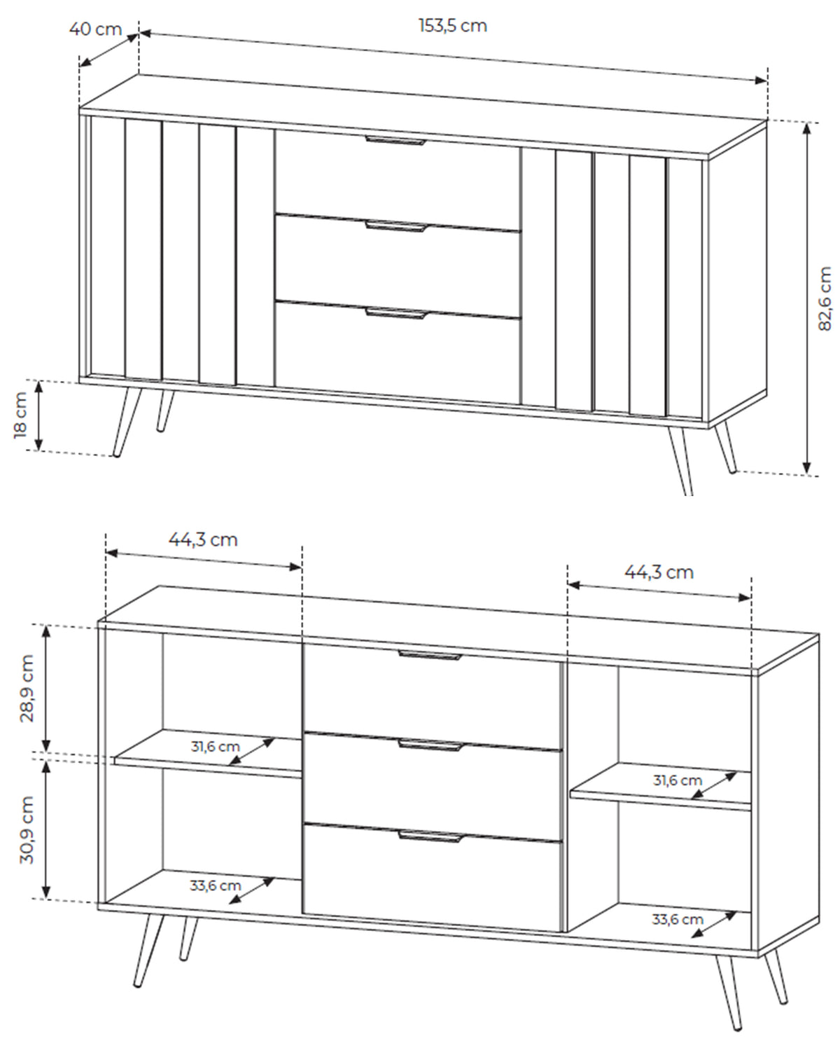 Commode 2 portes Amaro avec 3 tiroirs et éclairage LED, 154 cm, chêne Dunin