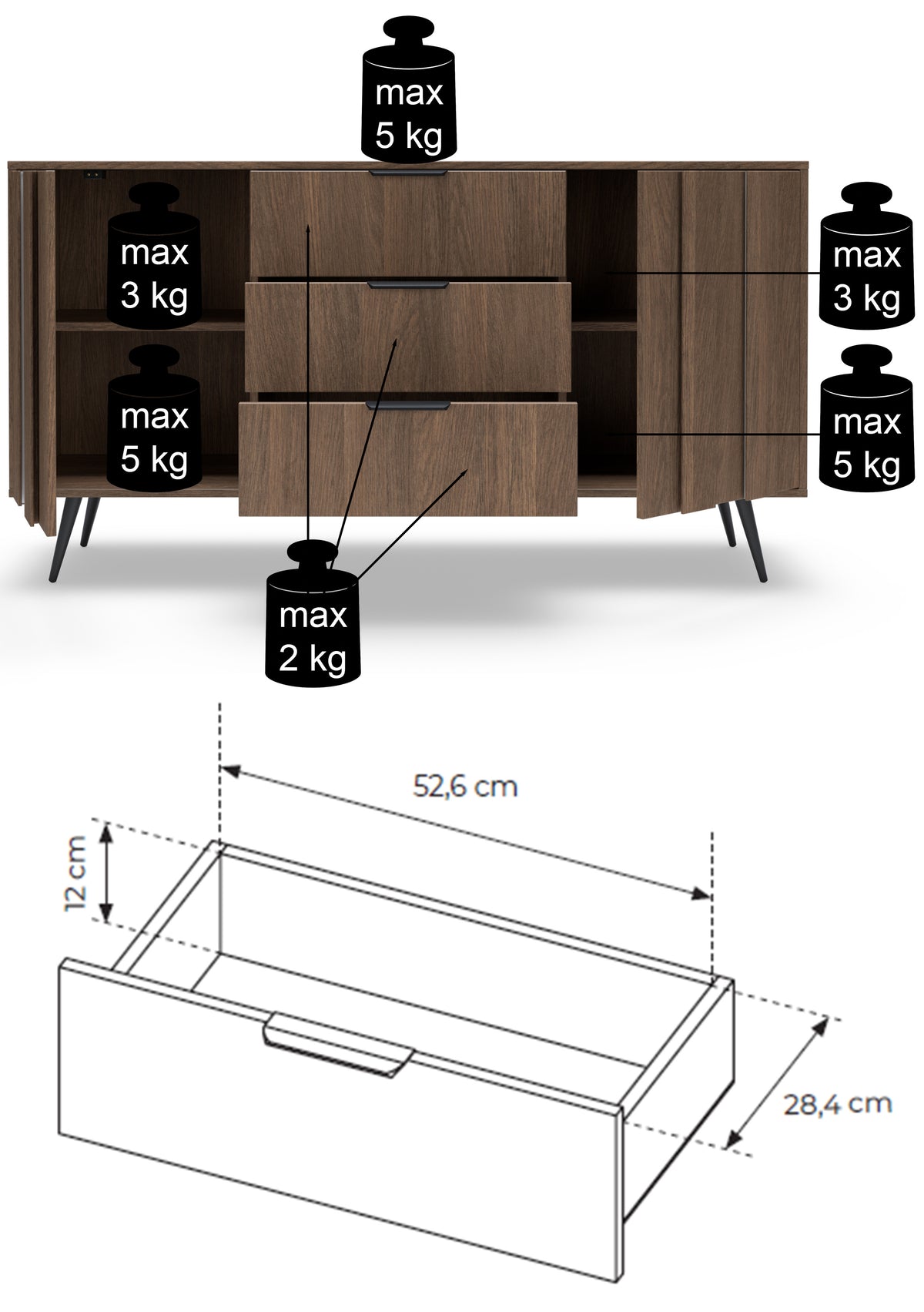 Commode 2 portes Amaro avec 3 tiroirs et éclairage LED, 154 cm, chêne Dunin