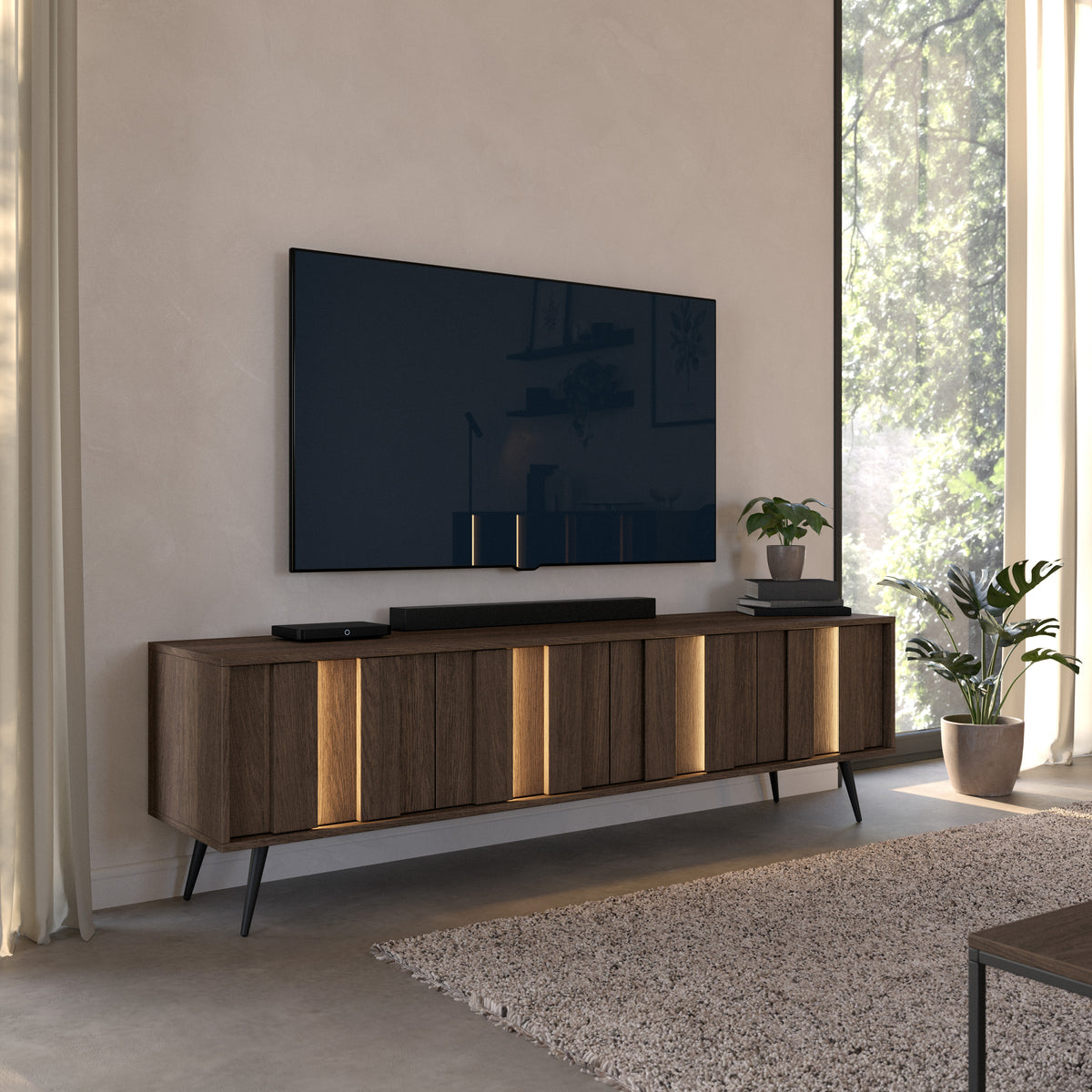 Meuble TV 4 portes Amaro avec éclairage LED 183 cm chêne dunin