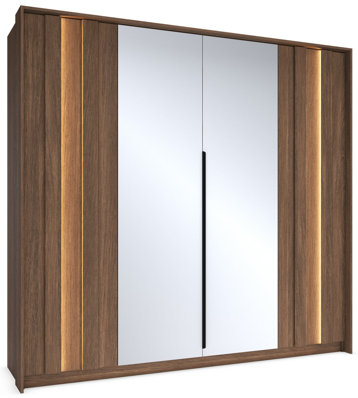 Vier­türiger Amaro-Kleiderschrank mit Spiegel und LED-Beleuchtung, 223 cm, Eiche Dunin