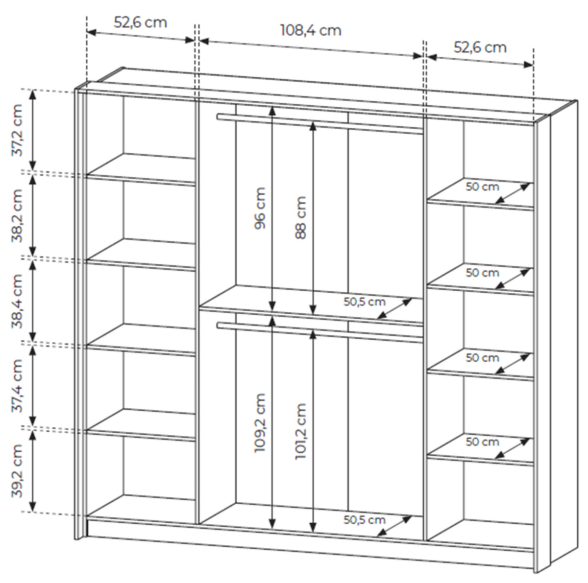 Vier­türiger Amaro-Kleiderschrank mit Spiegel und LED-Beleuchtung, 223 cm, Eiche Dunin