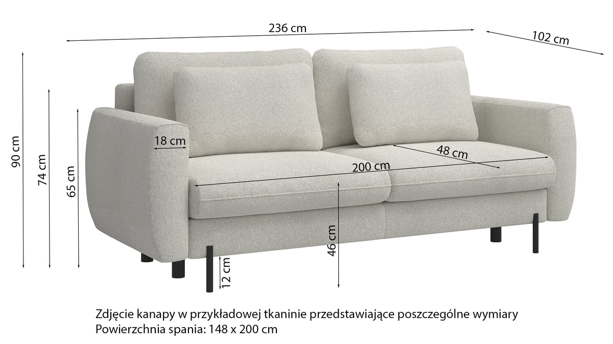 Canapé convertible 3 places Rane avec coffre, tissu chenille hydrofuge crème
