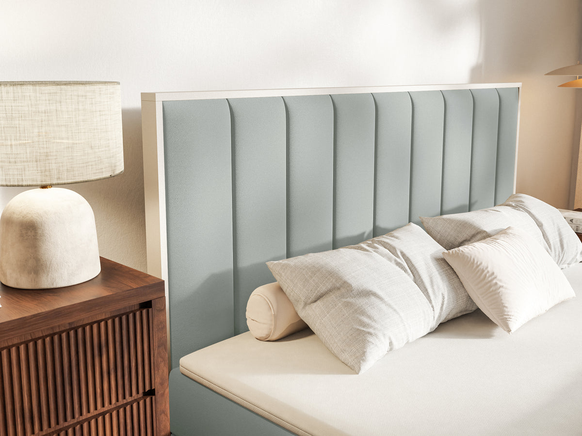 Lit continental 140x200 cm Togents avec rangements et surmatelas en velours hydrofuge sauge