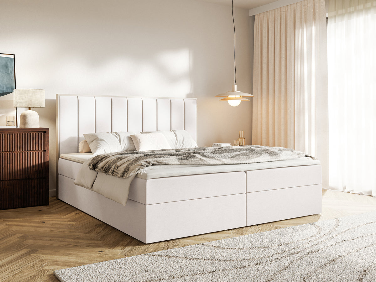 Lit continental 140x200 cm Togents avec rangements et topper en velours hydrofuge crème