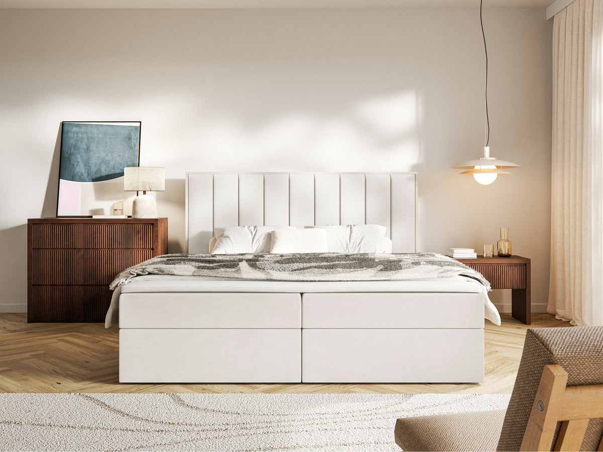 Lit continental 140x200 cm Togents avec rangements et topper en velours hydrofuge crème