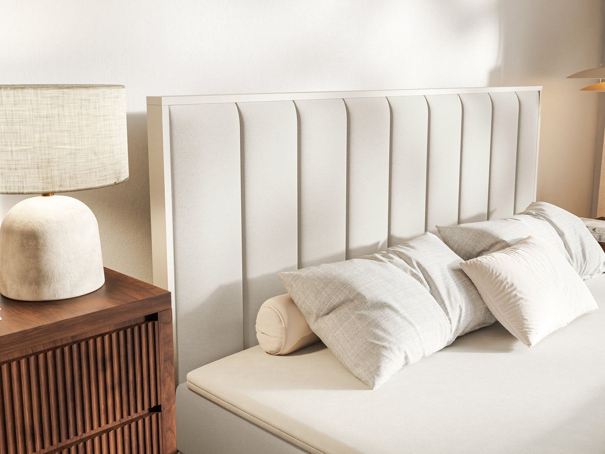 Lit continental 140x200 cm Togents avec rangements et topper en velours hydrofuge crème