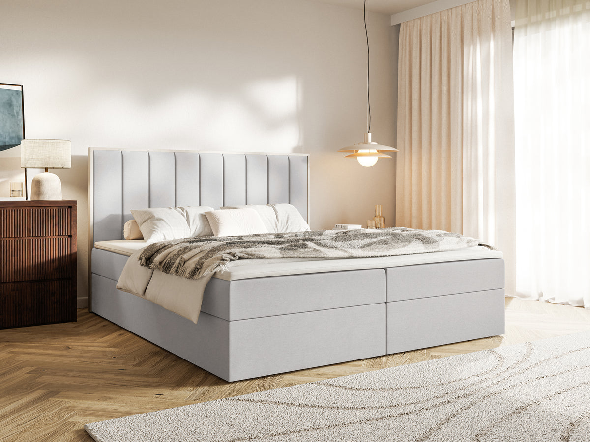 Lit continental 140x200 cm Togents avec rangements et surmatelas en velours hydrofuge gris clair
