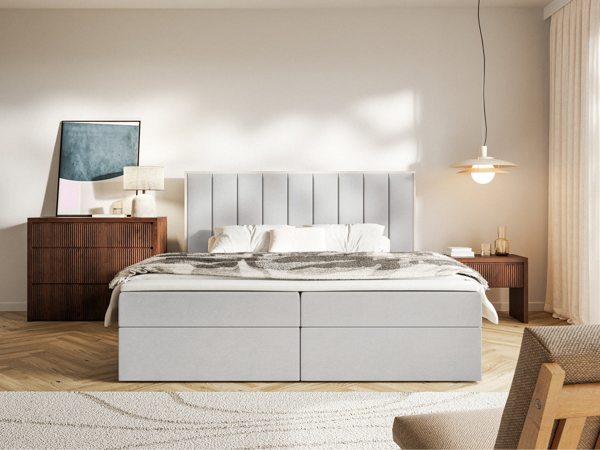 Kontinentales Bett 180x200 cm Togents mit Stauraum und Topper, hellgrauer wasserabweisender Samt