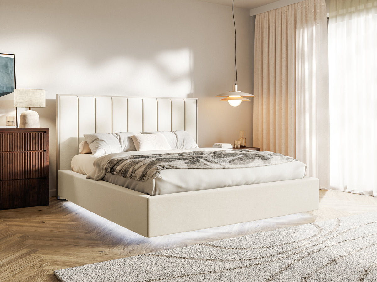 Polsterbett 140x200 cm Togents mit LED-Beleuchtung, cremefarbener Veloursstoff, wasserabweisend