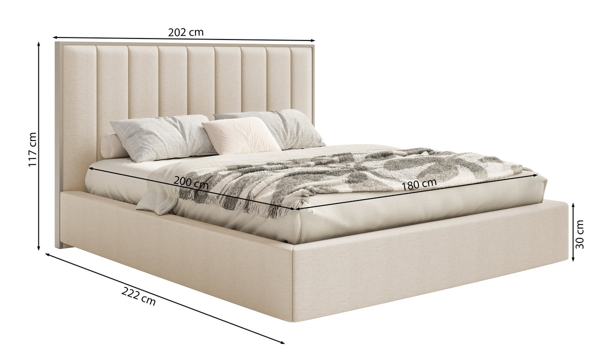 Lit tapissé 180x200 cm Togents avec rangement, cadre métallique, velours hydrofuge crème