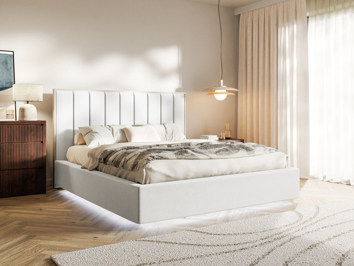 Lit tapissé 160x200 cm Togents avec éclairage LED, velours hydrofuge blanc