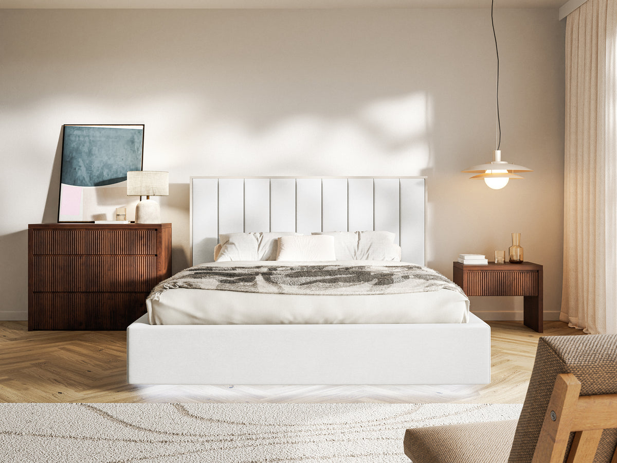 Lit tapissé 160x200 cm Togents avec éclairage LED, velours hydrofuge blanc