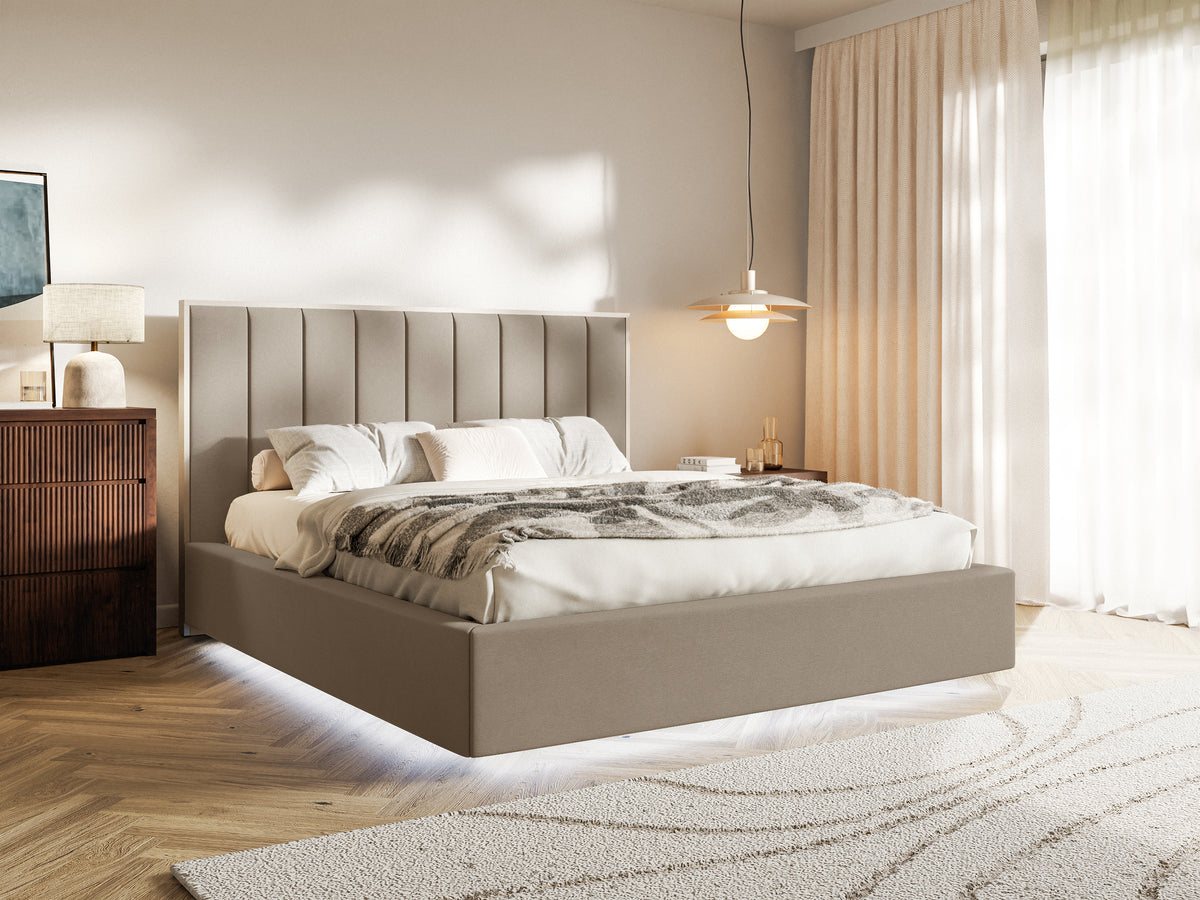 Lit tapissé 180x200 cm Togents avec éclairage LED, velours hydrofuge marron