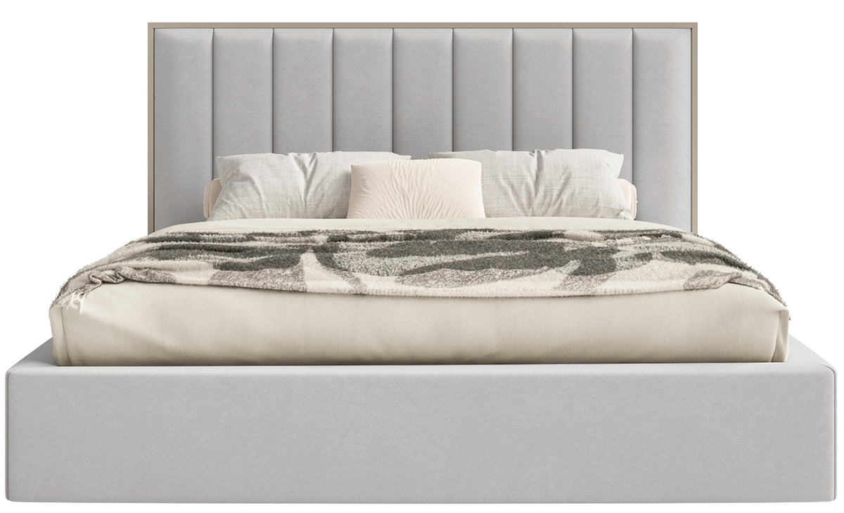 Lit tapissé 140x200 cm Togents avec rangement, cadre métallique, velours hydrofuge gris clair