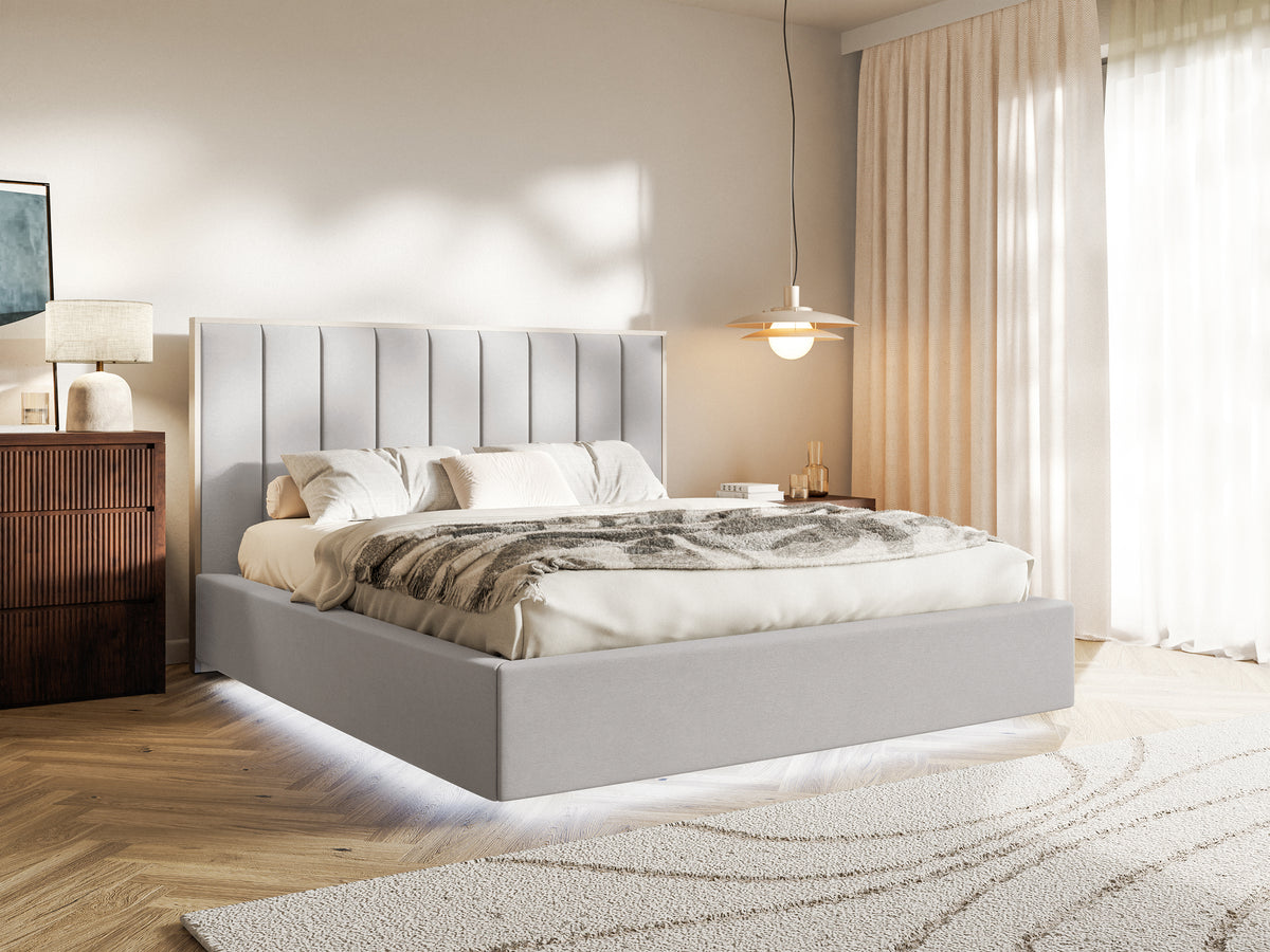 Lit tapissé 160x200 cm Togents avec éclairage LED, velours hydrofuge gris clair