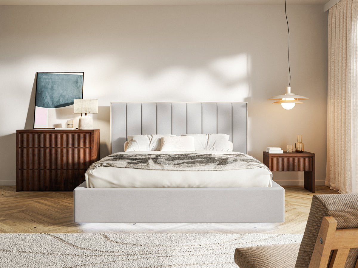 Lit tapissé 160x200 cm Togents avec éclairage LED, velours hydrofuge gris clair