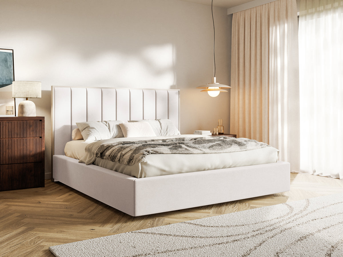 Lit tapissé 180x200 cm Togents avec rangement, cadre métallique, velours hydrofuge crème
