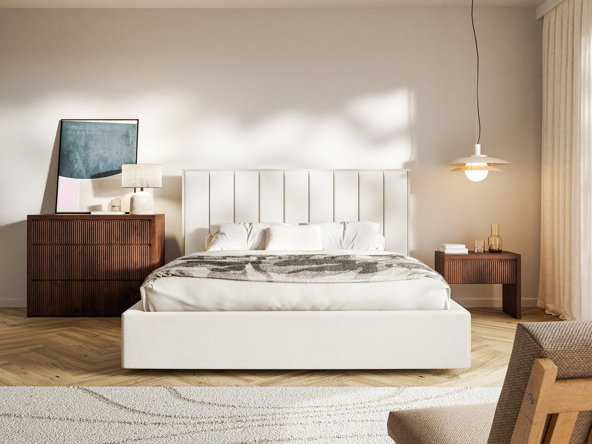 Lit tapissé 180x200 cm Togents avec rangement, cadre métallique, velours hydrofuge crème