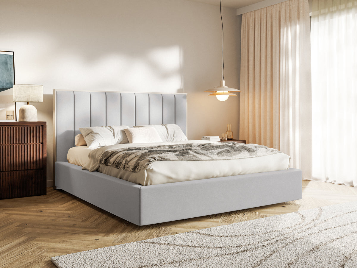 Lit tapissé 140x200 cm Togents avec rangement, cadre métallique, velours hydrofuge gris clair