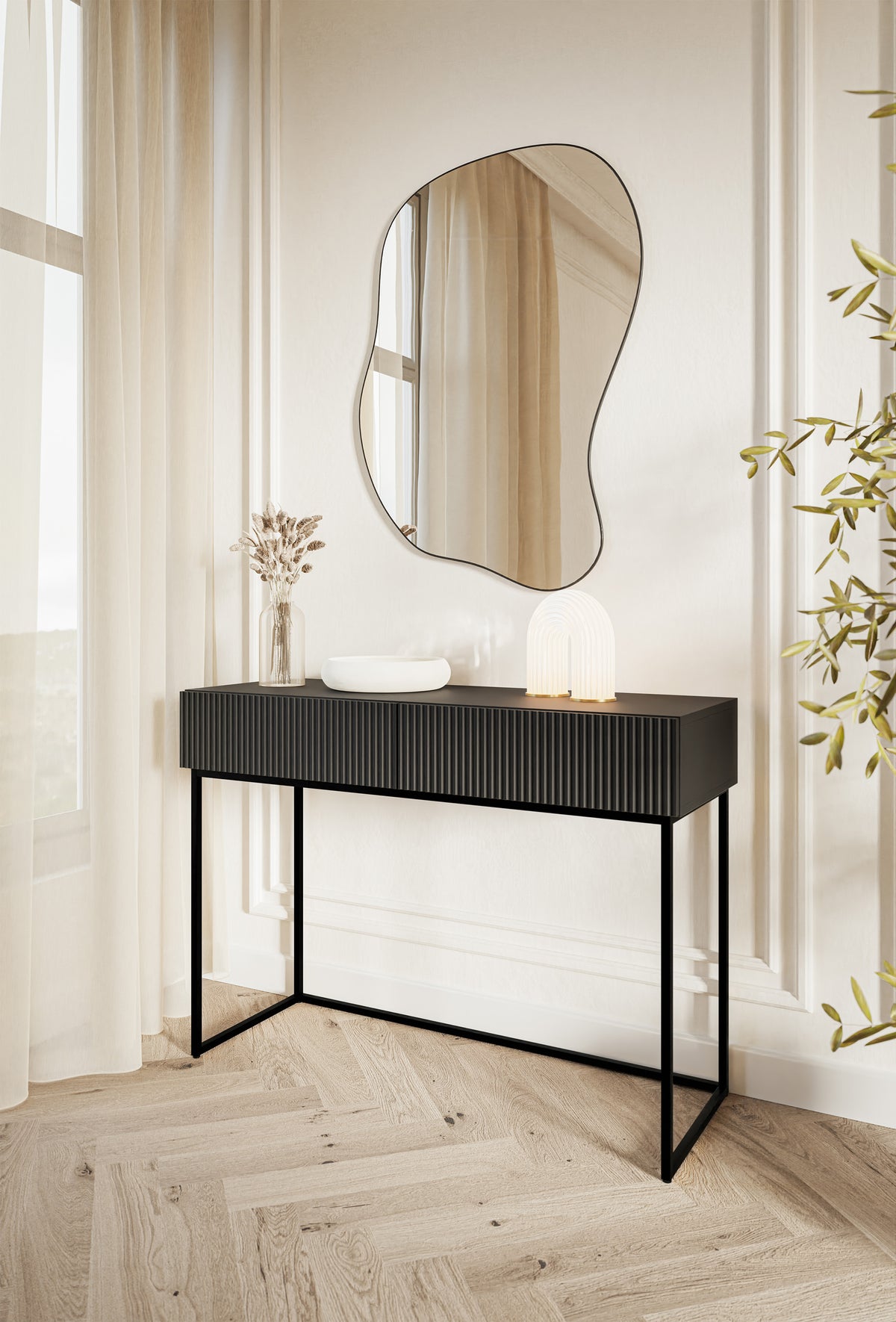 Toilette Veldio avec façade fraisée et deux tiroirs 110 cm Noir avec pieds noirs