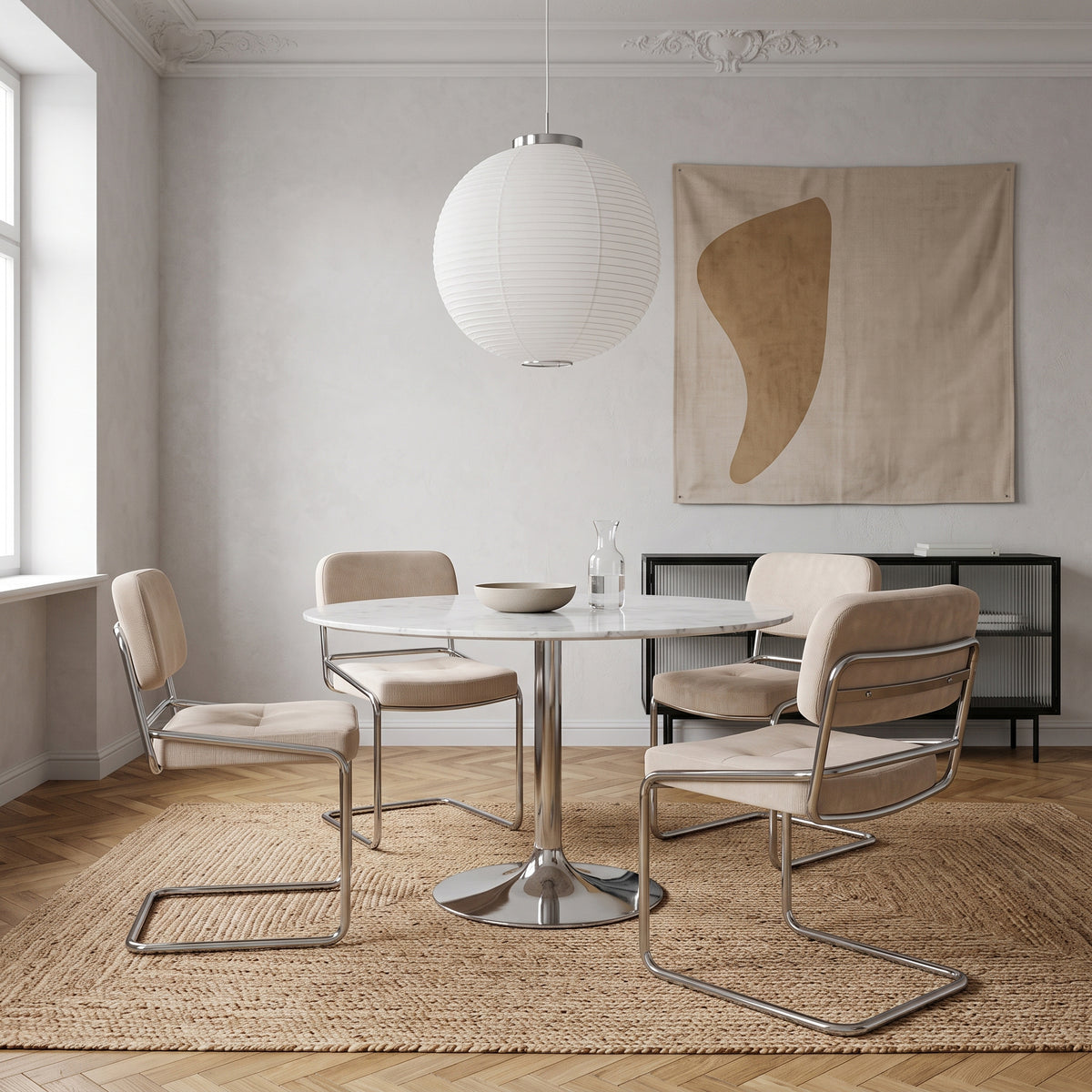 Chaise rembourrée Vamp en velours côtelé beige sur base chromée