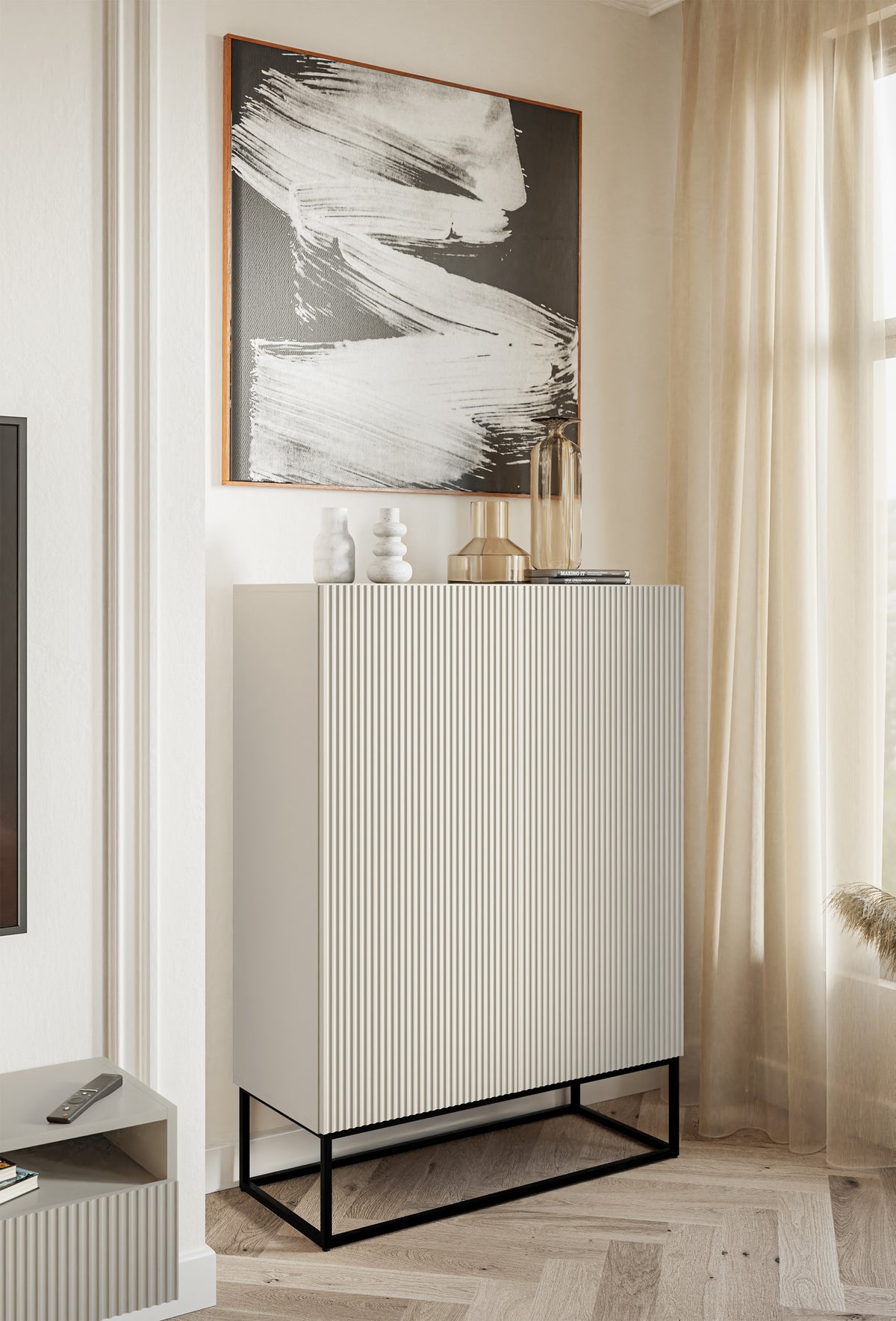 Commode 2 portes Veldio avec façade fraisée 90 cm Gris beige avec pieds noirs