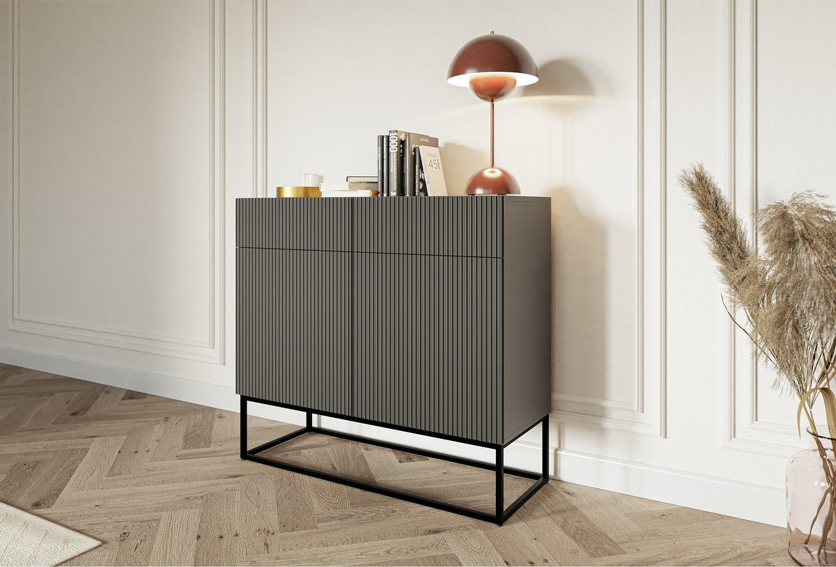 Commode 2 portes Veldio avec façade fraisée et 2 tiroirs 100 cm Noir avec pieds noirs