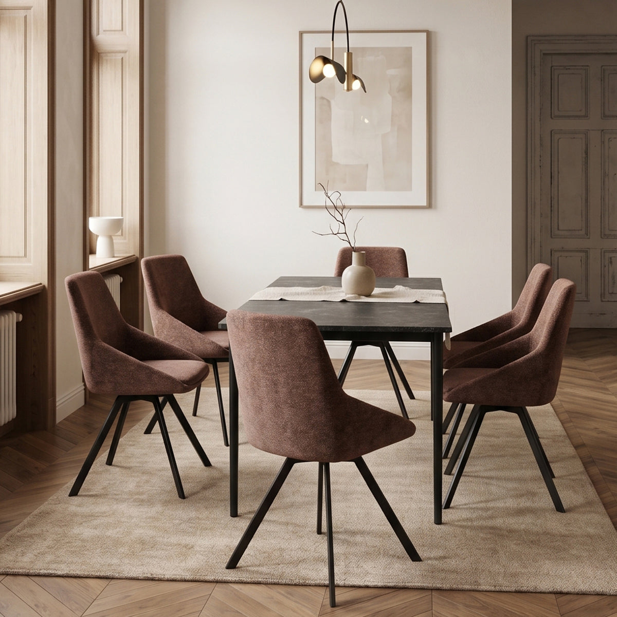 Chaise pivotante rembourrée Yanii en chenille marron sur base noire