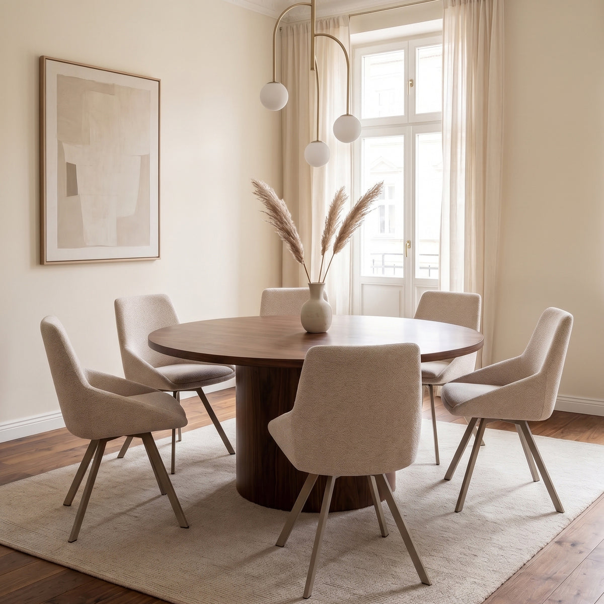 Chaise pivotante rembourrée Yanii en chenille beige clair sur base beige