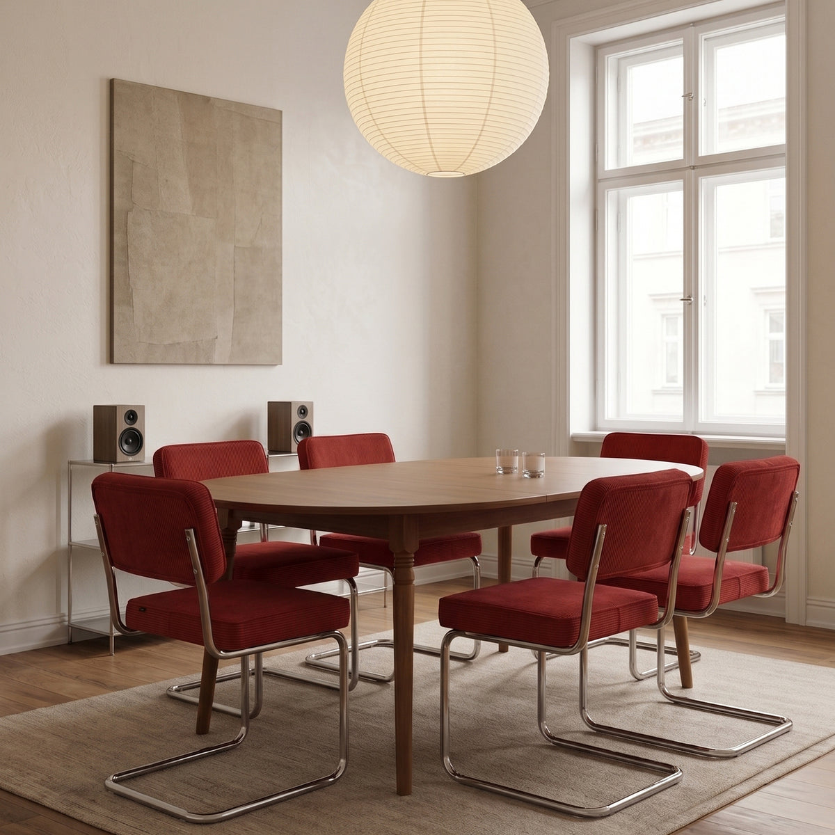 Chaise tapissée Dessaus velours côtelé rouge foncé sur base chromée