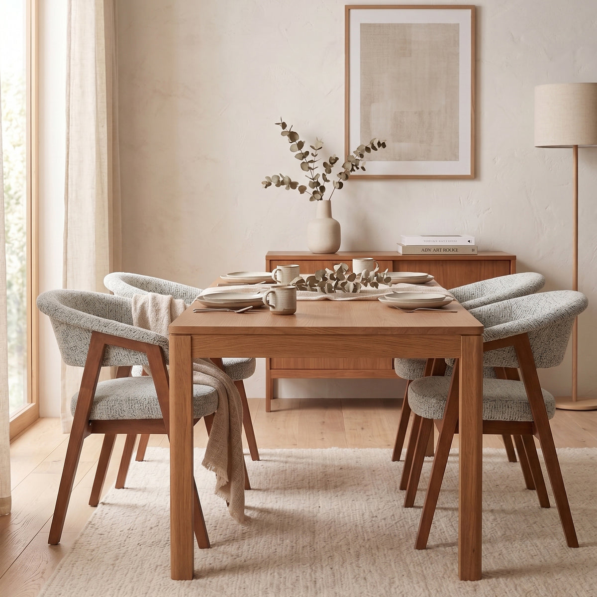 Chaise en bois pour salle à manger Nux en chenille vert clair/noisette