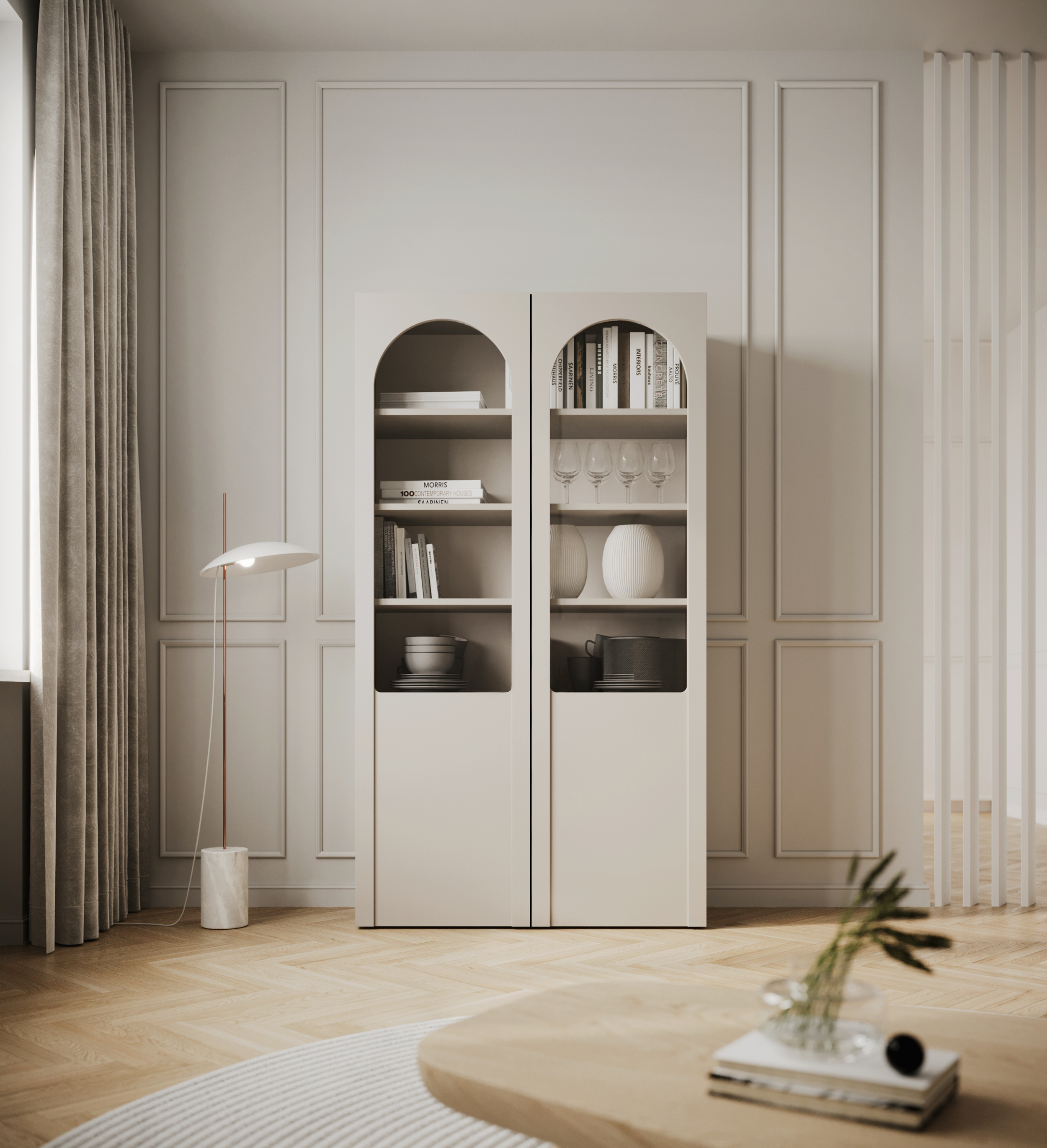 Zweiflügeliger Arkadia-Schrank mit gefrästen und verglasten Fronten, 100 cm, Kaschmirfarben