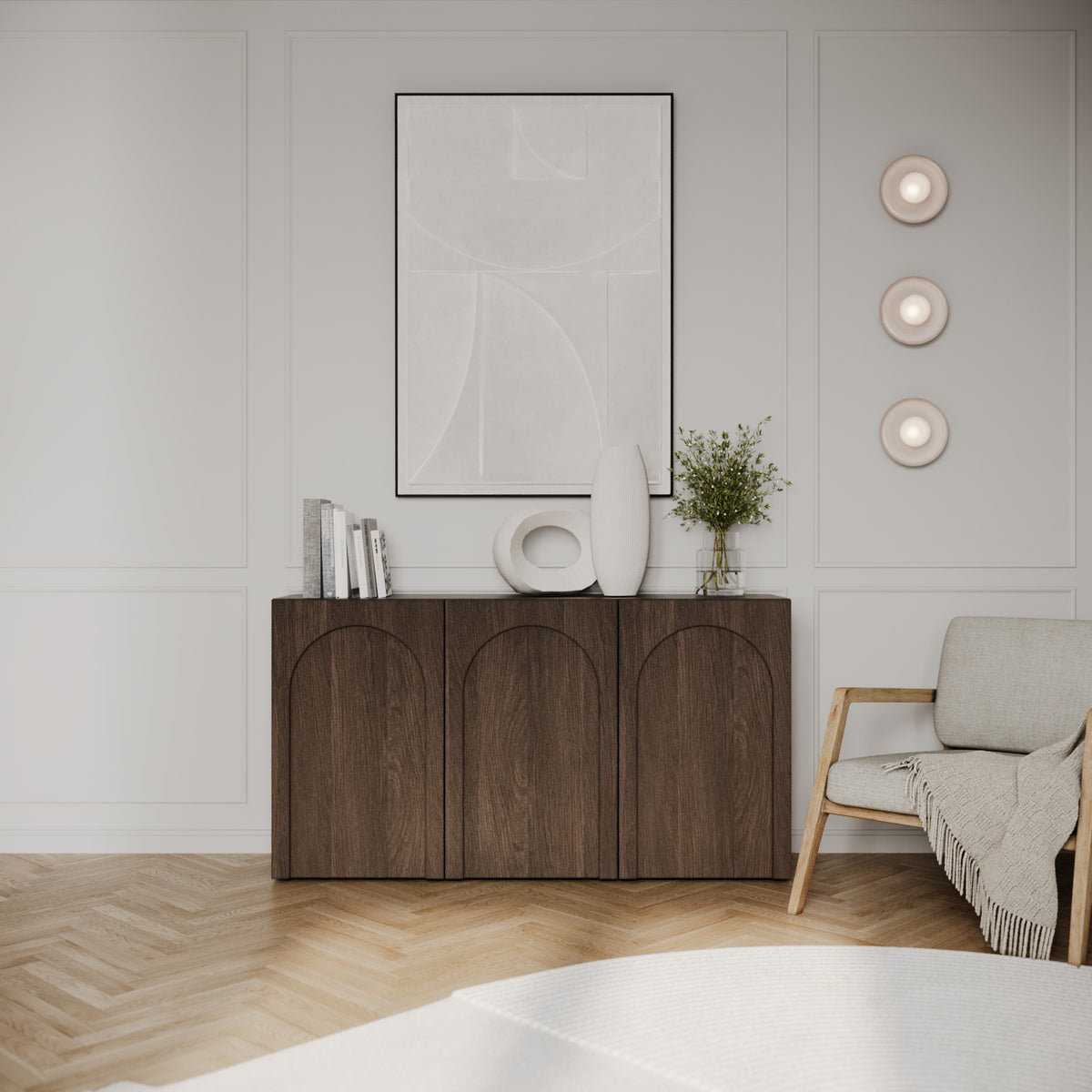 Commode trois portes Arkadia avec façades fraisées 150 cm chêne Dunin