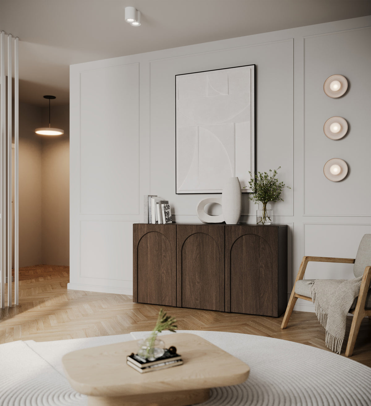 Commode trois portes Arkadia avec façades fraisées 150 cm chêne Dunin