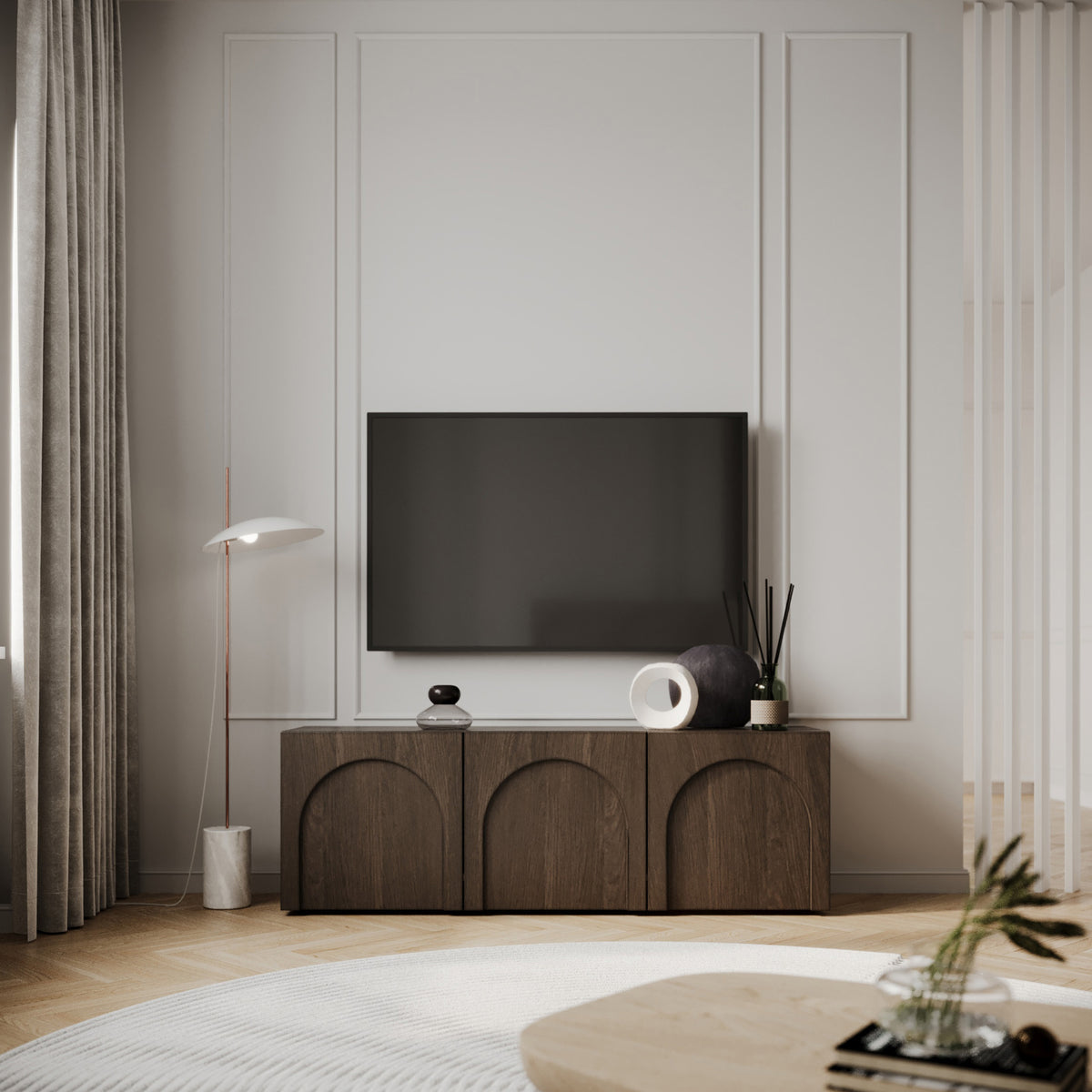 Meuble TV trois portes Arkadia avec façades fraisées 150 cm chêne dunin