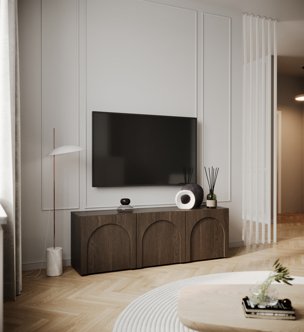 Meuble TV trois portes Arkadia avec façades fraisées 150 cm chêne dunin