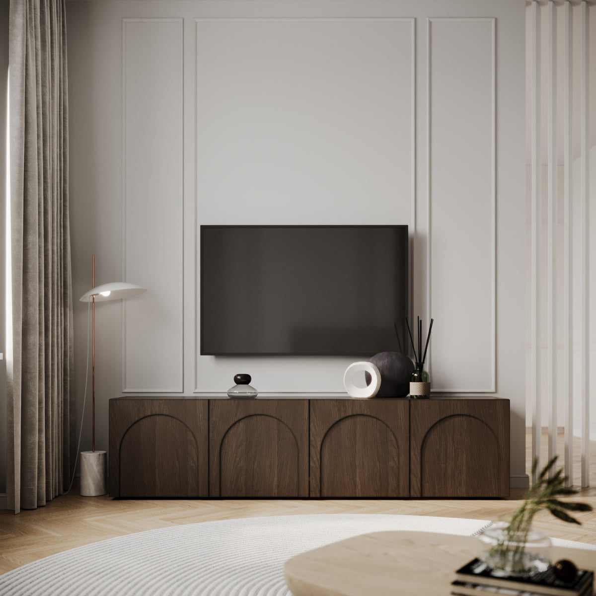Meuble TV Arkadia 4 portes avec façades fraisées 200 cm chêne dunin