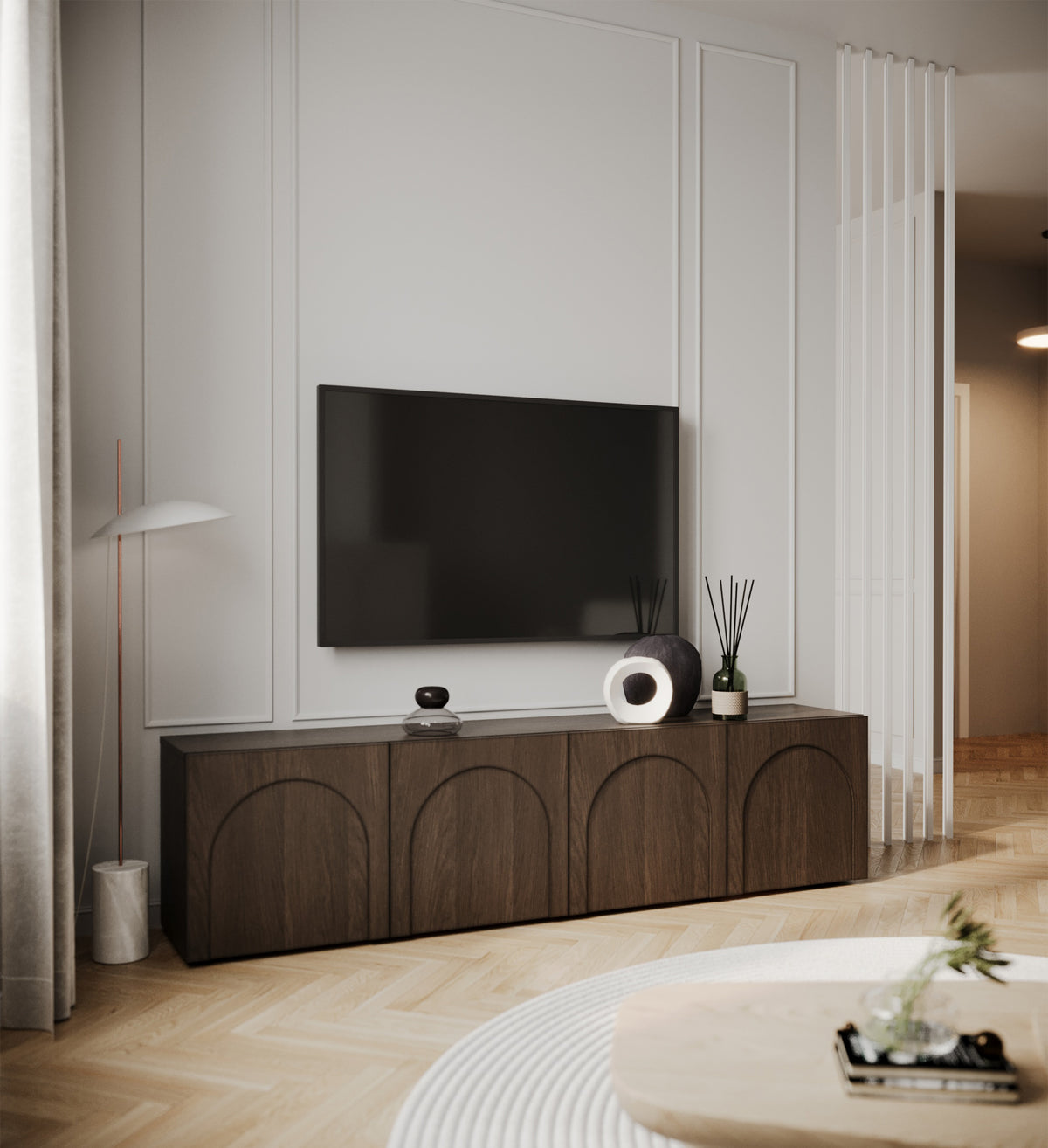Meuble TV Arkadia 4 portes avec façades fraisées 200 cm chêne dunin