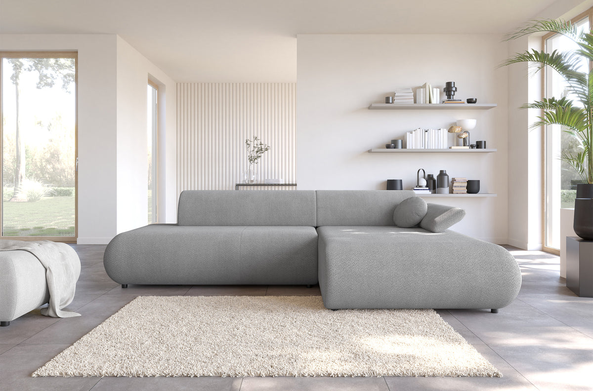 Canapé d'angle droit Armone avec fonction couchage, tissu chenille gris